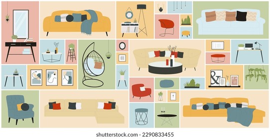 Colección de decoración de salón de dibujos animados con sofá y silla, sofá moderno con almohadas y espejo, plantas con fondo de collage cuadrado. Conjunto de muebles para la ilustración de los vectores de casa o de oficina