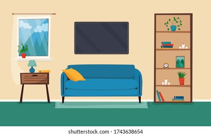 Cartoon living room with furniture and plants. Cozy interior with sofa, bookcase, nightstand, television and window with landscape. Flat style vector illustration.