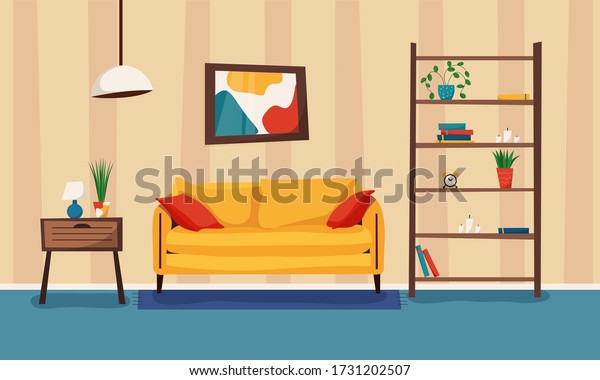 Cartoon living room with furniture and\
plants. Cozy interior with sofa, bookcase and nightstand. Flat\
style vector\
illustration.