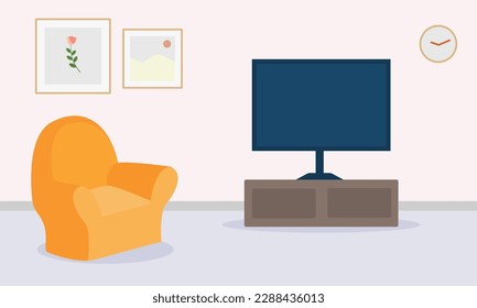 Cartoon living room interior, apartment living room with modern furniture sofa, armchair, plant and photo frame. living room interior with sofa