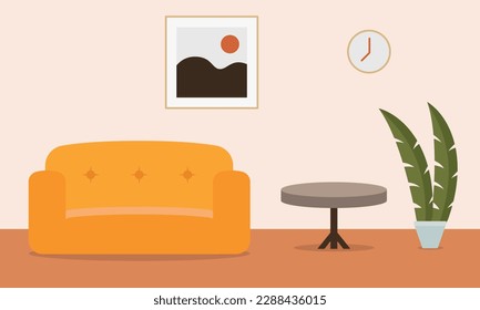 Cartoon living room interior, apartment living room with modern furniture sofa, armchair, plant and photo frame. living room interior with sofa