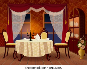 Cartoon living room interior in classic vintage style.