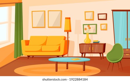 Cartoon Living Room Interior. Flat Empty Sofa, Indoor Area Design. Modern Apartment Hall With Furniture Carpet, Lounge Recent Vector Background