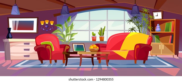 Cartoon living room interior view. Empty colorful room design with sofa, armchair, coffee table, bookshelves and plants. Vector illustration