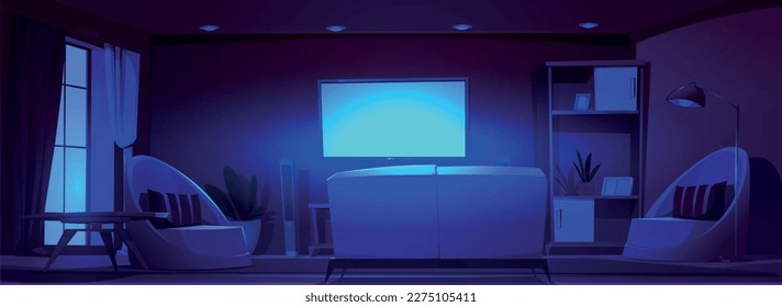 Cartoon living room with tv set at night. Vector illustration of dark apartment with television screen on wall, couch, armchairs, table, shelf with flower pots and frames pictures, large window