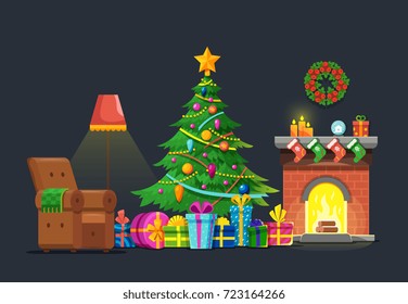 Cartoon Living Room With Xmas Tree And Fireplace. Christmas Holiday Vector Flat Concept. Christmas Fireplace Interior, Xmas In Living Room With Furniture And Green Tree Illustration