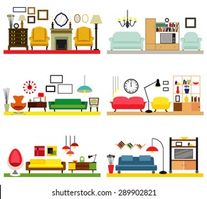  Cartoon living rooms with furniture. Flat style vector illustration.