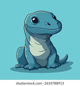 A cartoon lizard with blue skin, large black eyes, and a small smile sits upright, facing forward. It has a light-colored belly and short legs.