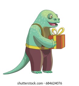 Cartoon lizard character with a present, vector drawing, EPS10