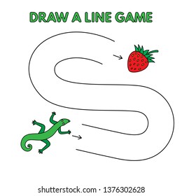 Cartoon lizard game for small children - draw a line. Vector design for kids education