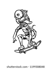 Cartoon lizard monster on skateboard. Vector illustration isolated.