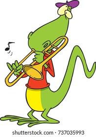 cartoon lizard playing a trombone