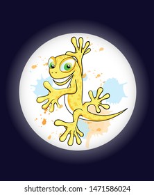 Cartoon lizard is sticking on moon.vector illustration.