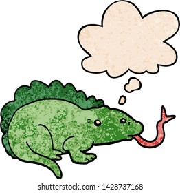 cartoon lizard with thought bubble in grunge texture style