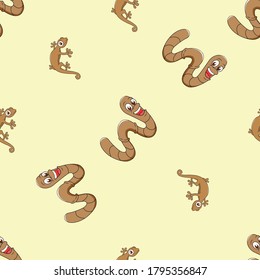 Cartoon Lizard, Worm. Animal Seamless Vector Pattern Design Background