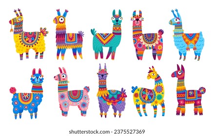 Cartoon Lama und Alpaca Charaktere. Lammtiere, Südamerika, Peru oder Mexiko, Wildtiere oder einzelne Nutztiere, Vektorgrafiken mit Decken und Satteliten mit mexikanischen ethnischen Ornamenten