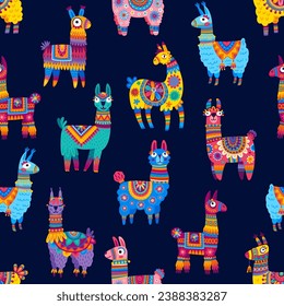 Caracteres de llama y alpaca de dibujos animados sin fisuras. Papel de envolvimiento sin fisuras, patrón vectorial de papel pintado o impresión textil. Fondo de tela con adornos coloridos mexicanos ornamentos de piel animal de lama