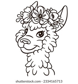 Cartoon llama alpaca in floral crown. Cute baby animal nursery print