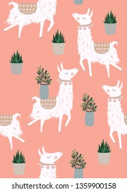 Cartoon Llama Alpaca Seamless Pattern. Hand Drawn Elements. Nursery Childish Textile, Wallpaper. Vector illustration