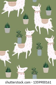 Cartoon Llama Alpaca Seamless Pattern. Hand Drawn Elements. Nursery Childish Textile, Wallpaper. Vector illustration