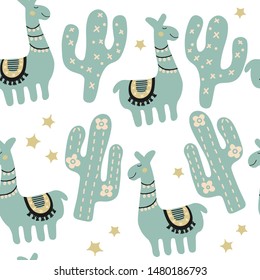 Cartoon llama and cactus childish texture. Hand draw funny animal. Green colorful print in scandinavian style. Nursery seamless pattern textile on white background.
