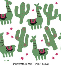 Cartoon llama and cactus childish texture. Hand draw funny animal. Green girly print in scandinavian style. Nursery seamless pattern textile on white background.
