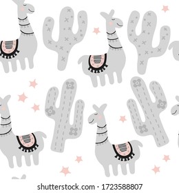 Cartoon llama and cactus childish texture. Hand draw funny animal. Pastel color bright print in scandinavian style. Nursery seamless pattern textile on white background.