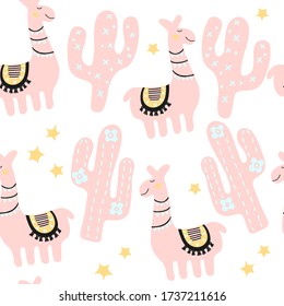 Cartoon llama and cactus childish texture. Hand draw funny animal. Pastel color colorful print in scandinavian style. Nursery seamless pattern textile on white background.