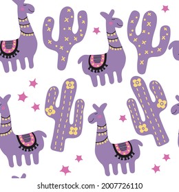 Cartoon llama and cactus childish texture. Hand draw funny animal. Purple bright print in scandinavian style. Nursery seamless pattern textile on white background.