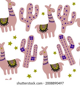 Cartoon llama and cactus childish texture. Hand draw funny animal. Pink multicolor print in scandinavian style. Nursery seamless pattern textile on white background.