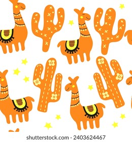 Cartoon llama and cactus childish texture. Hand draw funny animal. Orange multicolor print in scandinavian style. Nursery seamless pattern textile on white background.