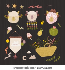 cartoon llama character. Alpaca, cactus, star, cloud, flowers and plants. set for creativity. Vector graphics