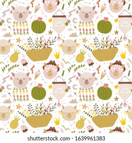 cartoon llama character. Alpaca, cactus, star, cloud, flowers and plants. set for creativity. Vector graphics