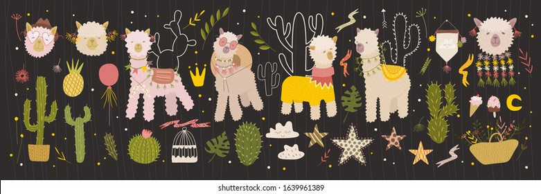 cartoon llama character. Alpaca, cactus, star, cloud, flowers and plants. set for creativity. Vector graphics