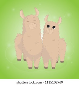 Cartoon llama. Cute lama. Alpaca. Card on colorful background. Vector Illuatration