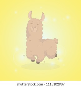 Cartoon llama. Cute lama. Alpaca. Card on colorful background. Vector Illuatration