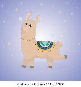 Cartoon llama. Cute lama. Alpaca. Card on colorful background. Vector Illuatration