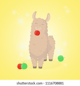 Cartoon llama. Cute lama. Alpaca. Card on colorful background. Vector Illuatration