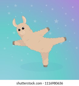 Cartoon llama. Cute lama. Alpaca. Card on colorful background. Vector illustration