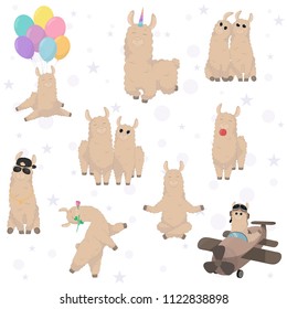 Cartoon llama. Cute lama. Alpaca. Card on colorful background. Vector illustration