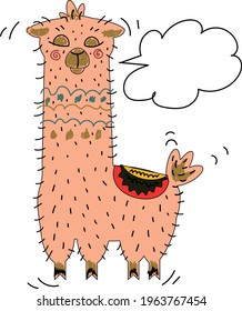 Cartoon llama drawing, llama sticker, vector graphics