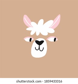 Cartoon llama face in flat style. Llama cute portrait