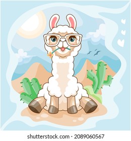 Cartoon Llama in glasses sitting isolated in the desert