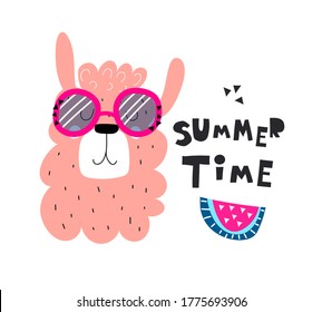 cartoon llama, hand drawing lettering, decor elements. Summer colorful vector illustration, flat style. design for cards, print, posters, logo, cover