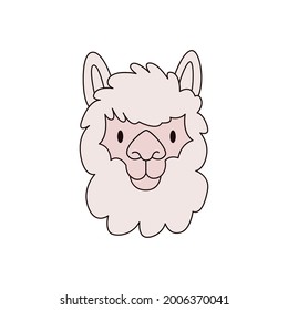 Cartoon llama head isolated. Colored vector illustration of an alpaca head with an outline on a white background. Cute animal illustration.