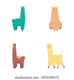 Cartoon llama icons set cartoon vector. Funny alpaca character. Cute animal