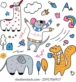 Cartoon llama, mouse, fox, elephant surrounded by cartoon elements: house, heart, sun, rainbow, flowers, cheese, mushrooms, crown