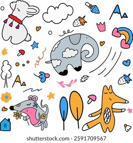 Cartoon llama, mouse, fox, elephant with clouds surrounded by cartoon elements: house, heart, sun, rainbow, flowers, cheese, mushrooms, crown