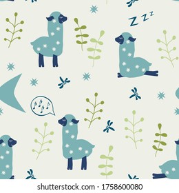 Cartoon llama on a night vacation. Seamless vector background.