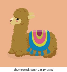 Cartoon llama on an orange background. Vector illustration